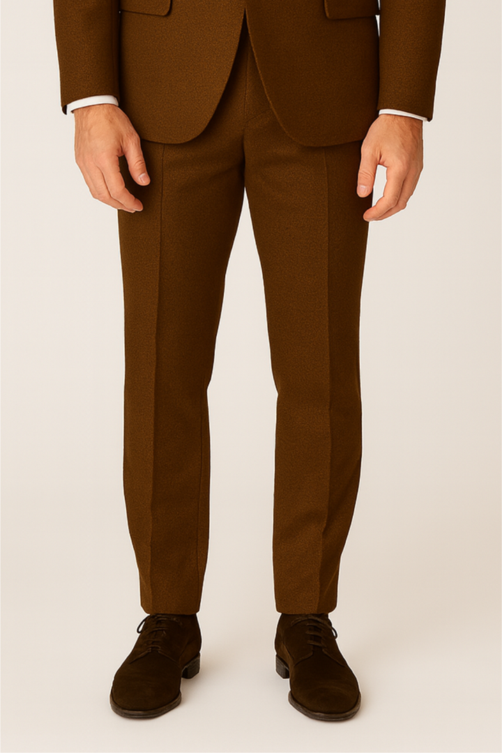 Dapper men's brown three-piece suit, tweed style, perfect for formal elegance, weddings, and gentlemanly events.