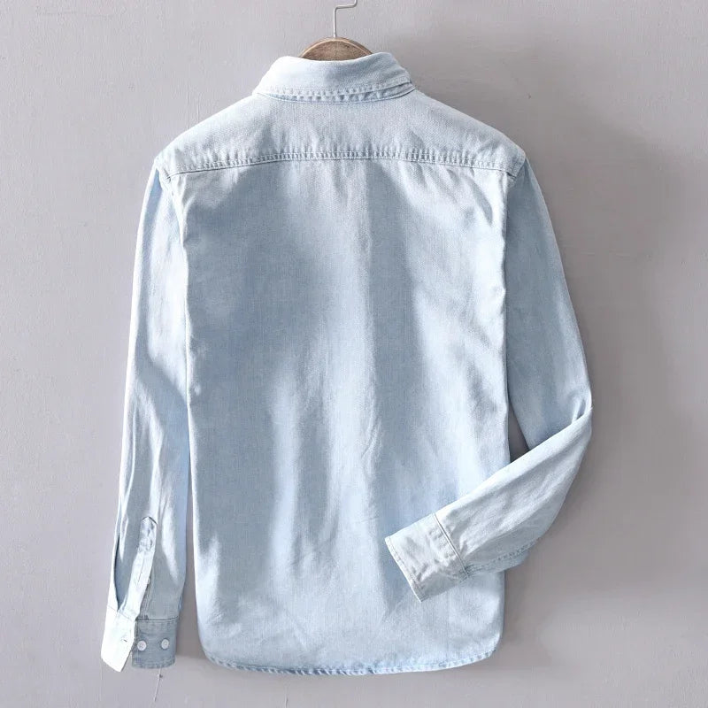 Front view of a men's classic long sleeve button-down shirt, offering a timeless casual fit for everyday style.