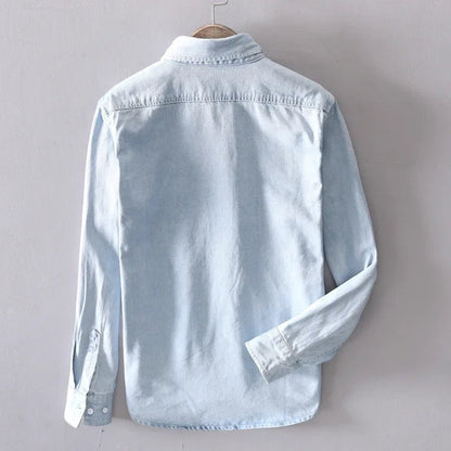 Front view of a men's classic long sleeve button-down shirt, offering a timeless casual fit for everyday style.