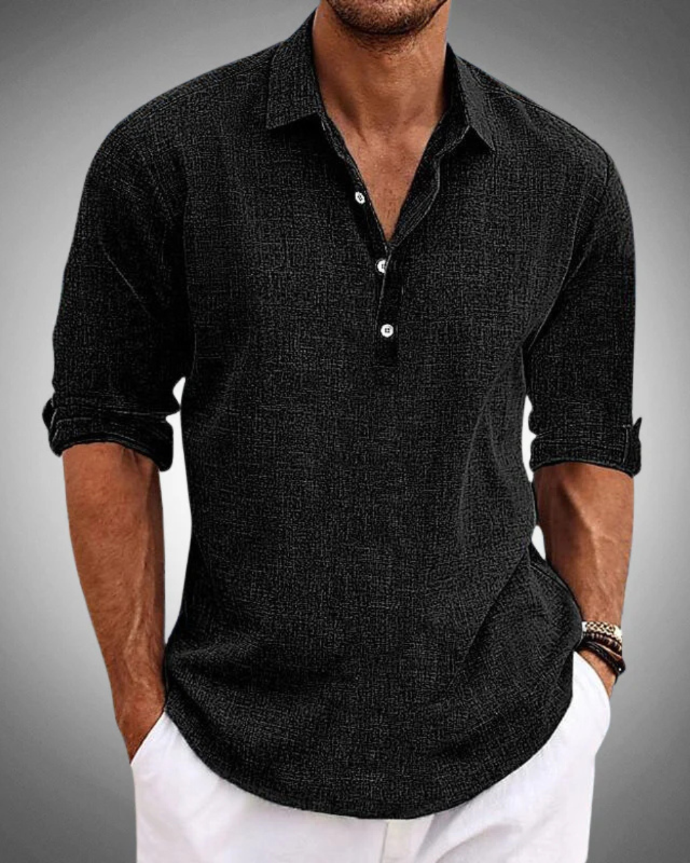 Versatile men's long sleeve button-front shirt in a classic style, ideal for both casual outfits and professional attire.
