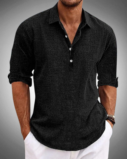 Versatile men's long sleeve button-front shirt in a classic style, ideal for both casual outfits and professional attire.