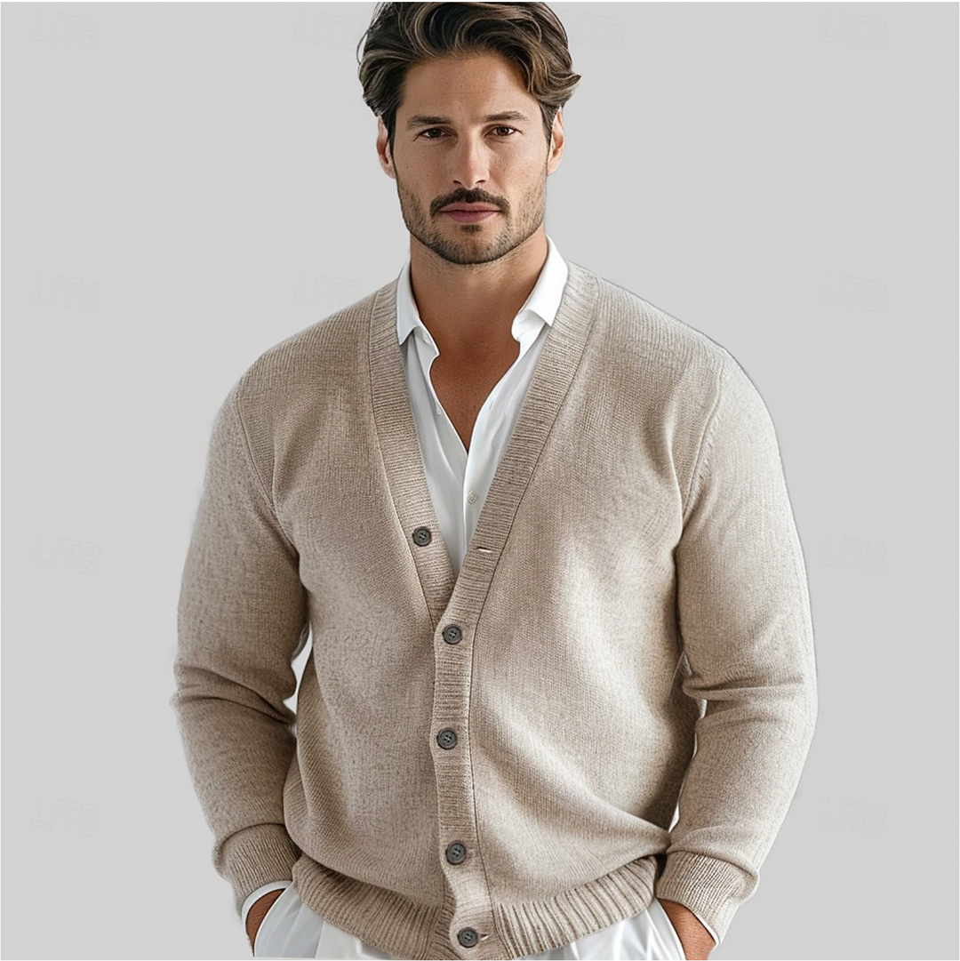 Men's classic button-up cardigan. Versatile knitwear for smart casual layering and everyday men's fashion.