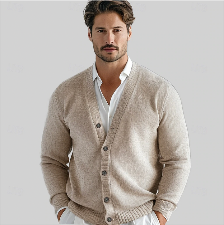 Men's classic button-up cardigan. Versatile knitwear for smart casual layering and everyday men's fashion.