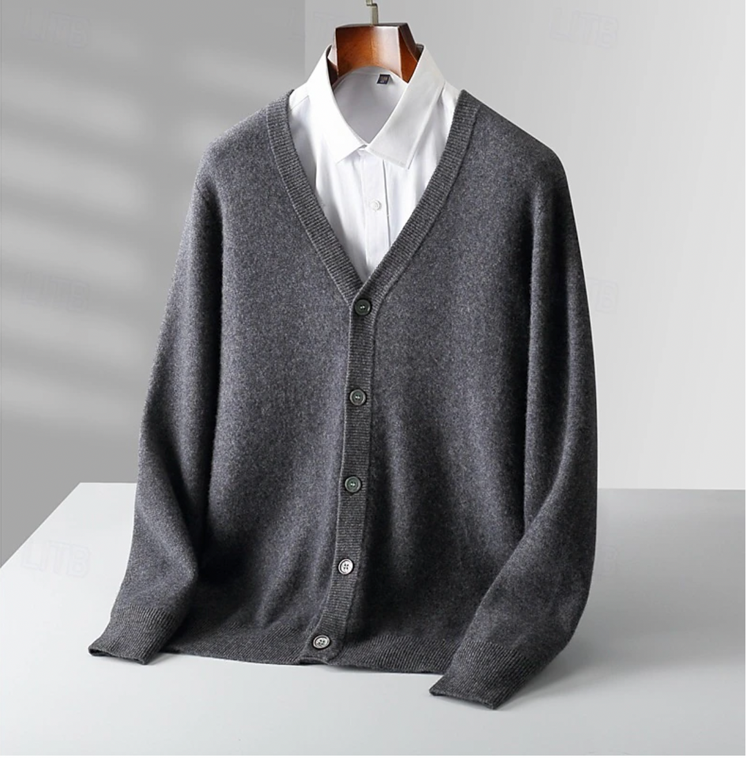 Men's V-neck button-up knit cardigan. A classic long-sleeve piece for versatile smart casual and everyday style.
