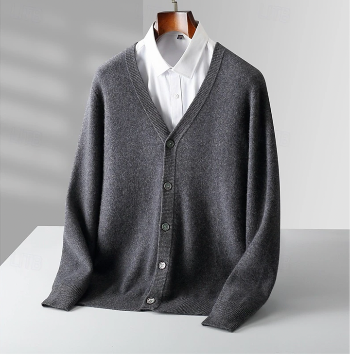 Men's V-neck button-up knit cardigan. A classic long-sleeve piece for versatile smart casual and everyday style.