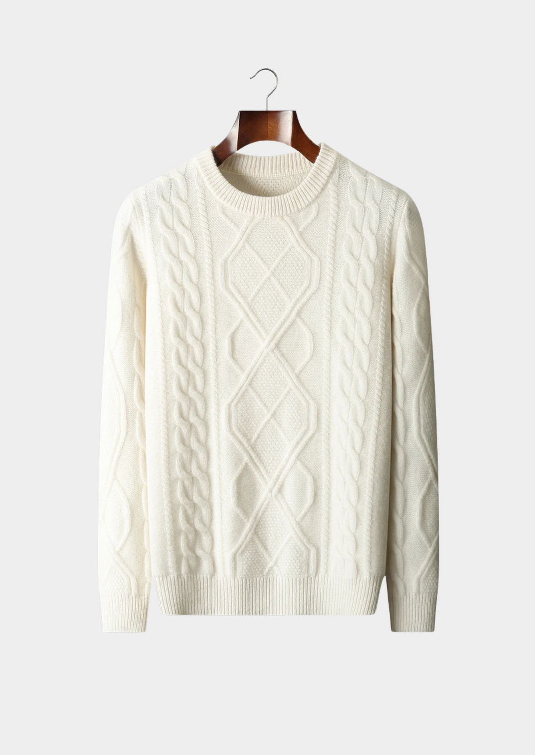 Men's classic cable knit crew neck sweater in a cozy, stylish design.
