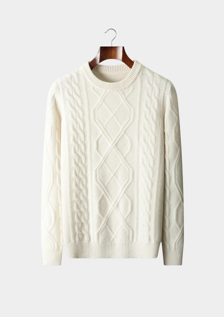 Men's classic cable knit crew neck sweater in a cozy, stylish design.