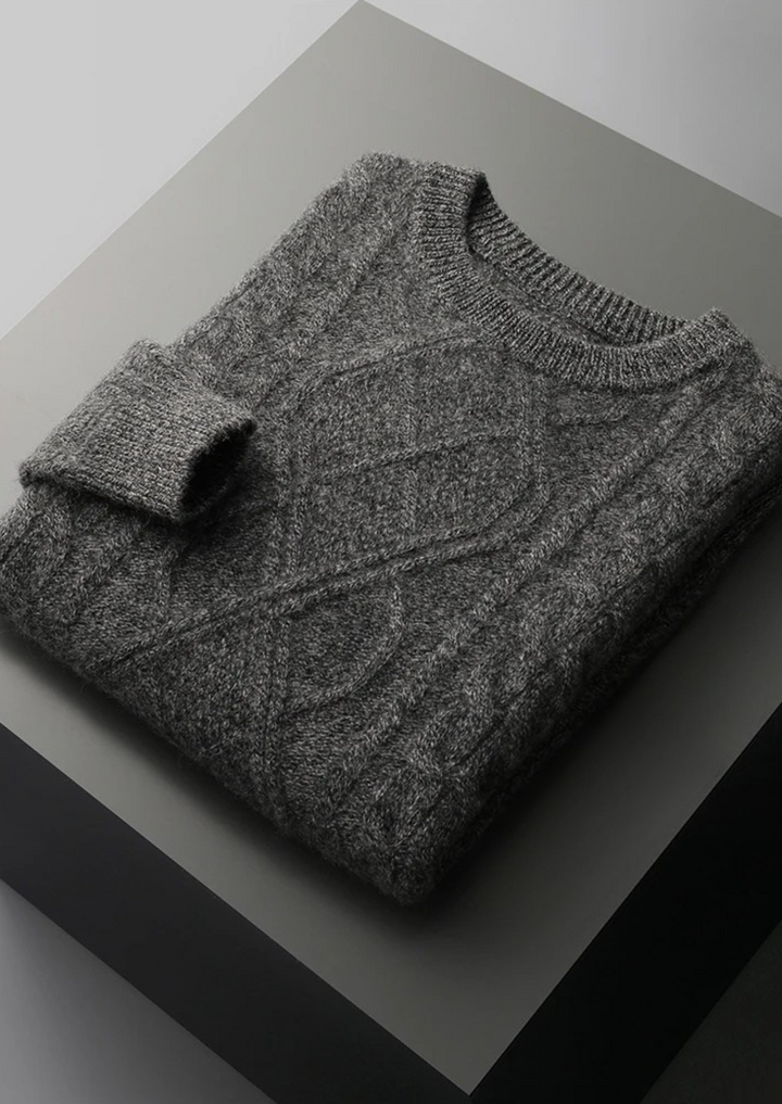 High-quality men's classic cable knit crew neck sweater, essential for cozy winter style.