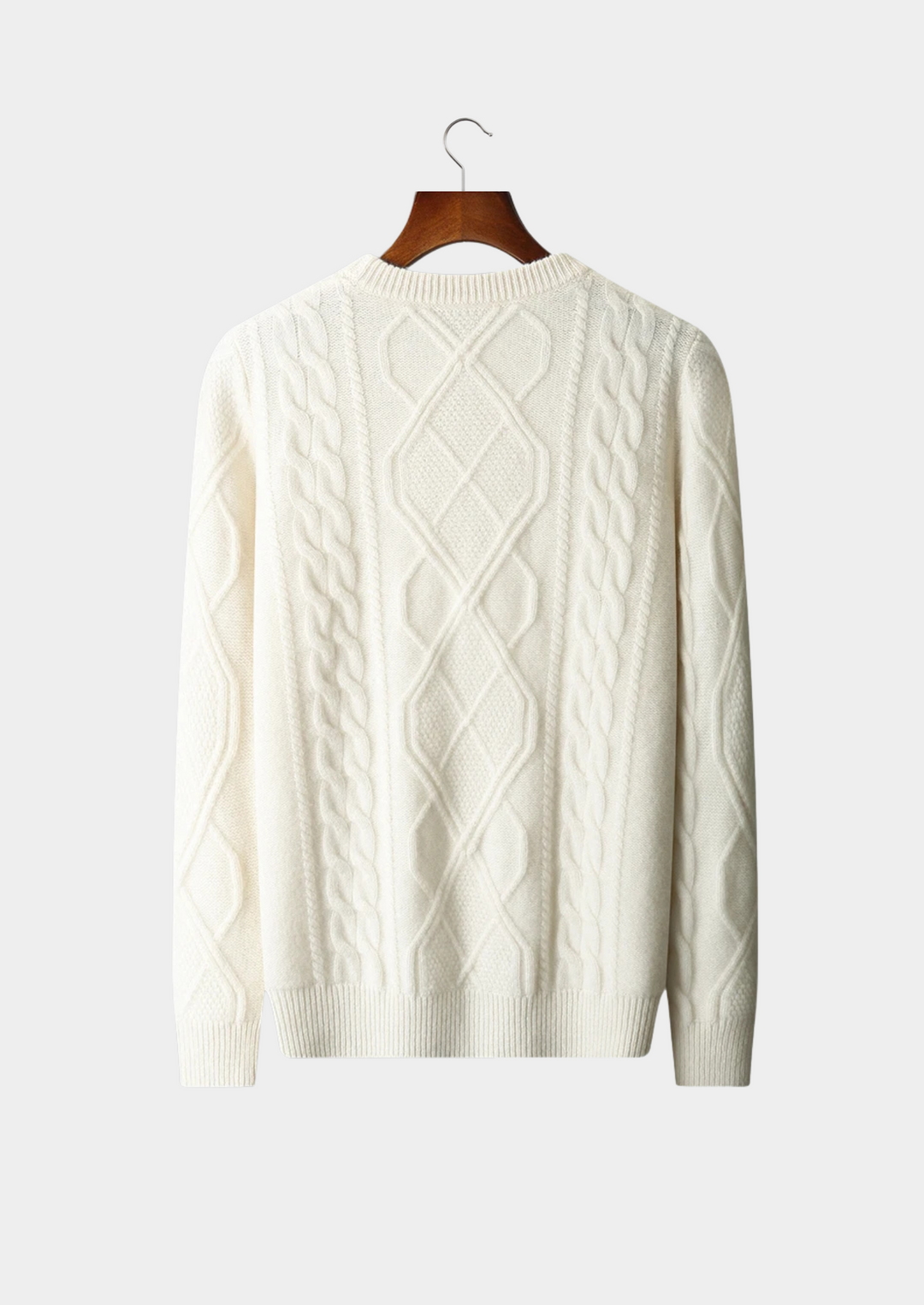Cozy men's cable knit sweater with crew neck, perfect for winter layering & casual style.