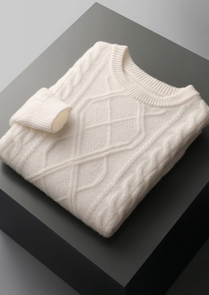 Elegant men's cable knit crew neck sweater, offering classic comfort for cold weather.