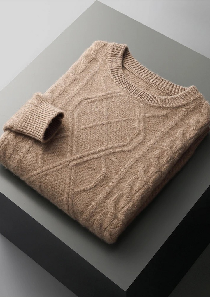 Men's classic cable knit crew neck sweater, cozy knitwear for elegant winter layering.