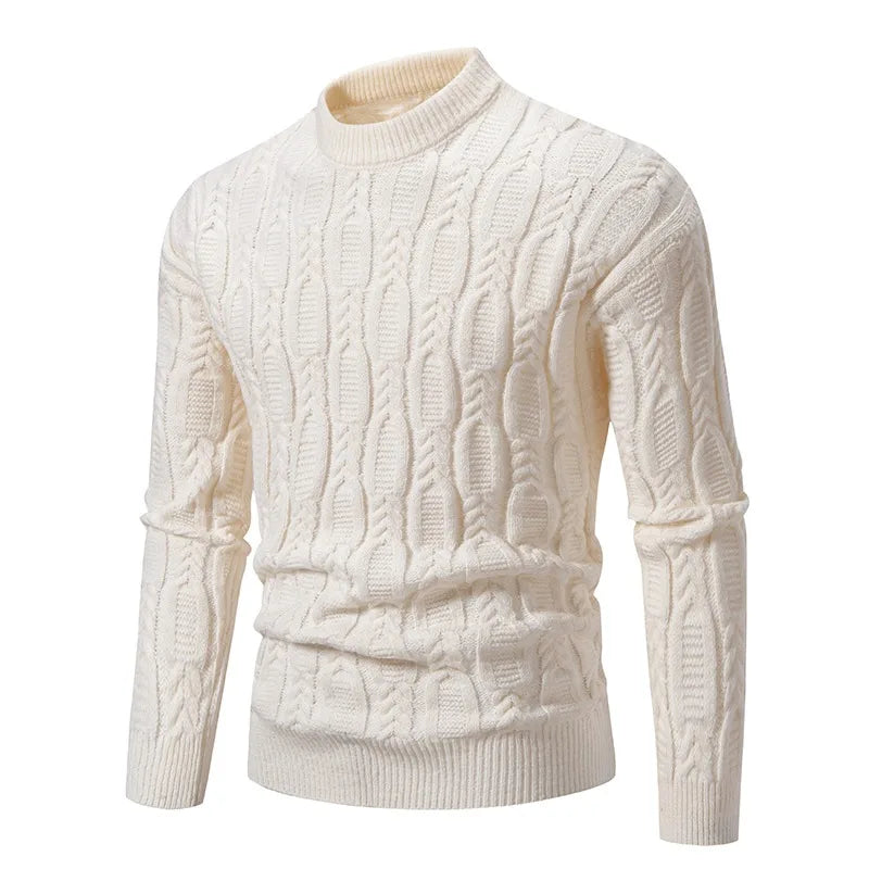 Men's classic cable-knit pullover sweater in a timeless style, perfect for comfortable winter wear and layering.