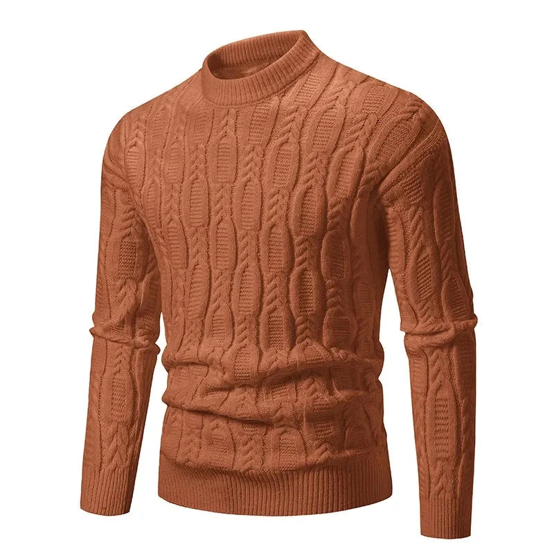 Timeless men's cable-knit sweater, a classic pullover designed for comfortable layering and winter style.