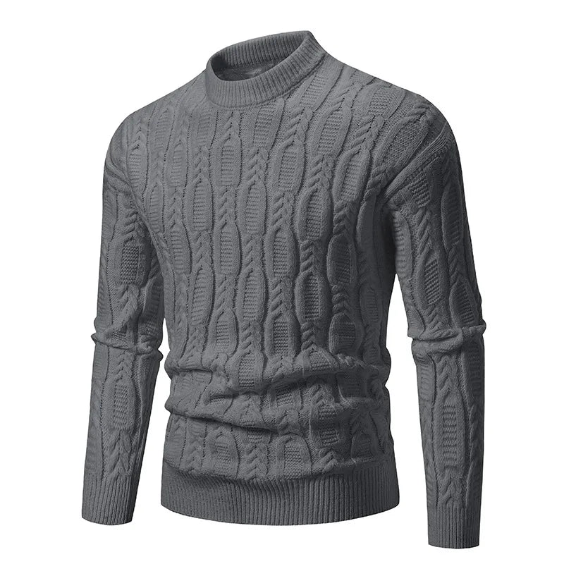 Classic men's cable knit pullover sweater, ideal for casual winter wear and timeless fashion layering.
