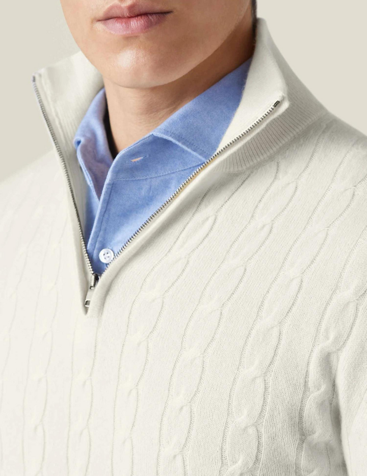 Men's luxurious cable-knit quarter-zip sweater, a must-have for winter and everyday fashion.
