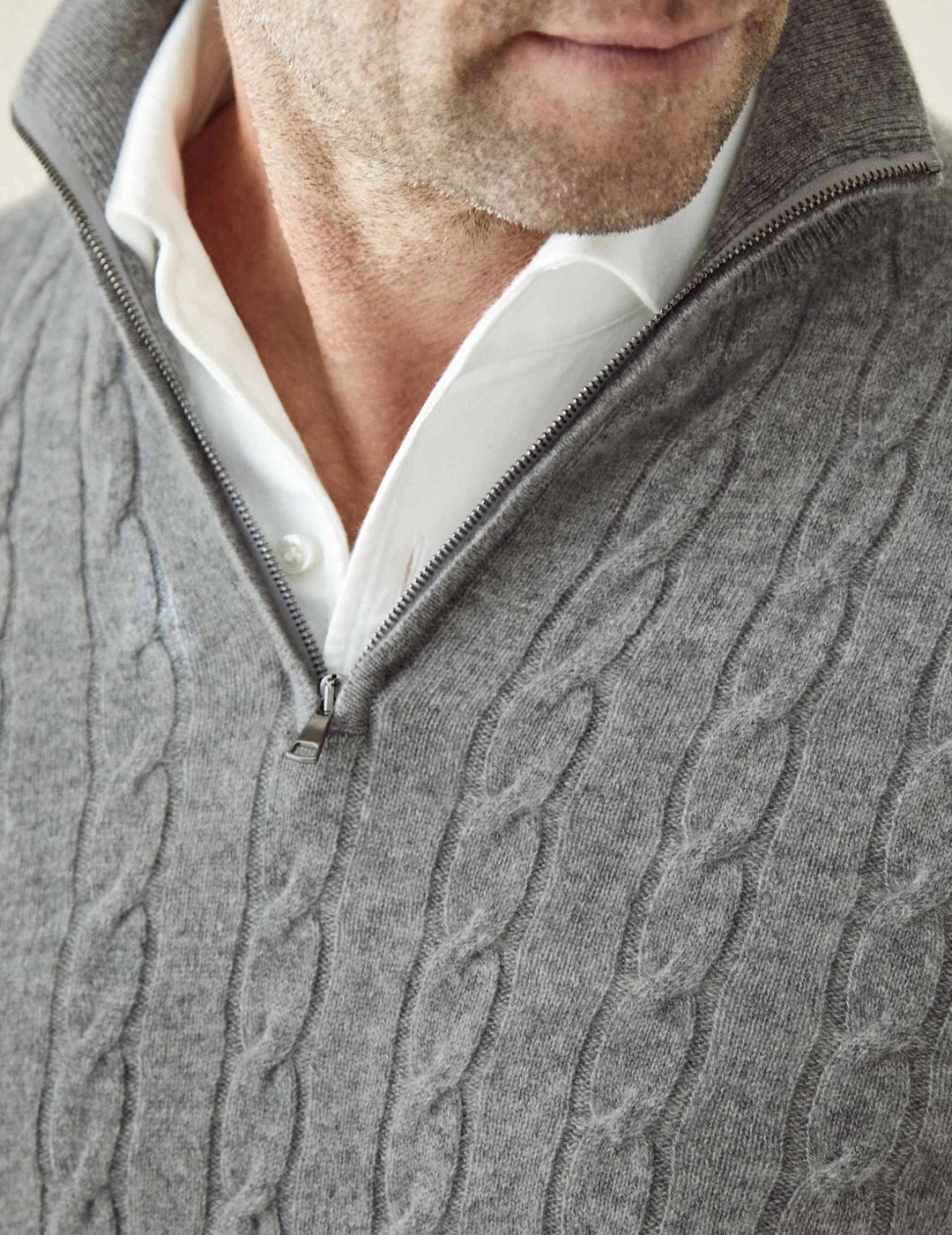 Casual chic men's cable-knit quarter-zip sweater, suitable for smart casual winter outfits.