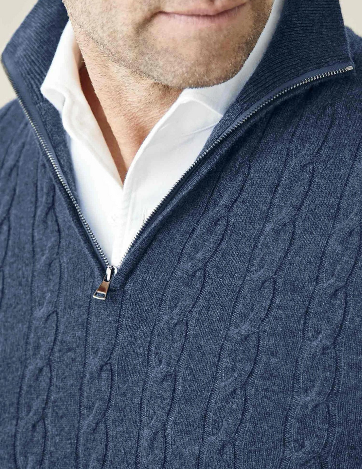 Effortless men's smart casual cable knit quarter-zip sweater, ideal for winter layering and fashion.