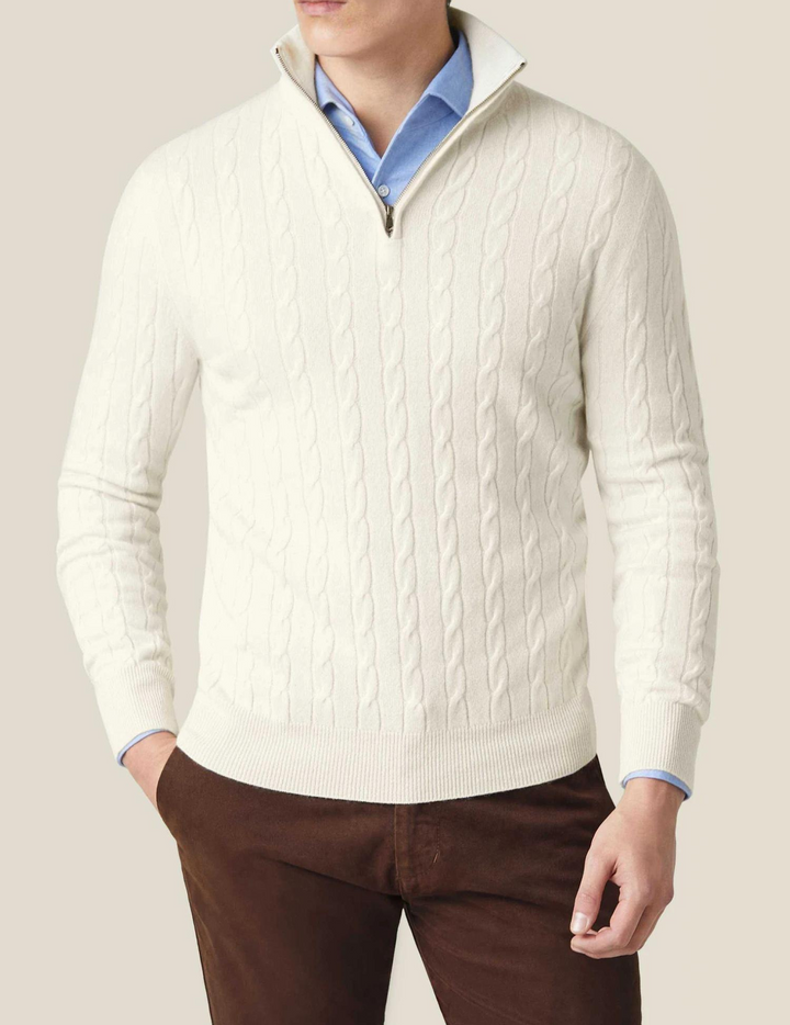 Men's warm quarter-zip cable-knit sweater, perfect for casual or smart casual winter outfits.