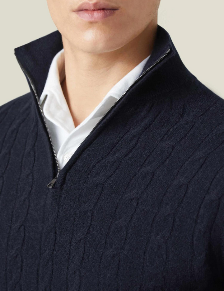 Versatile men's everyday cable-knit quarter-zip sweater, ideal for layering in cold weather.