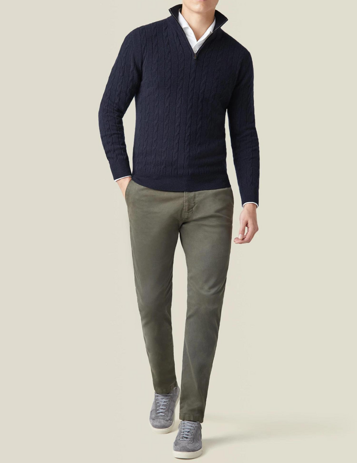 Men's stylish cable-knit quarter-zip sweater with a cozy funnel neck for warmth and comfort.