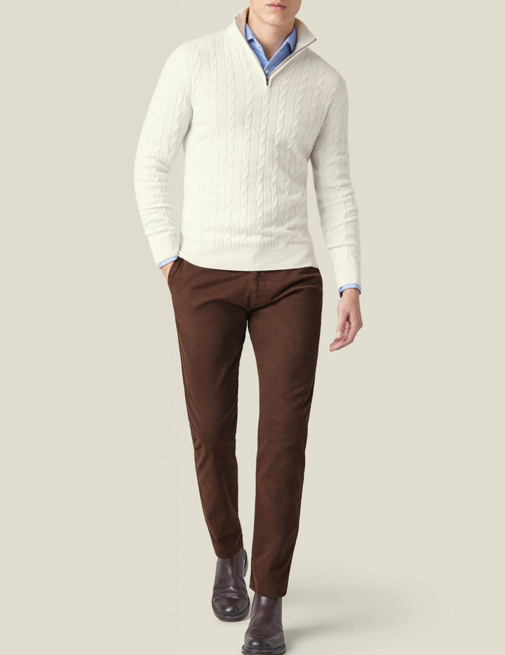 Cozy men's knitwear: a cable-knit quarter-zip sweater offering warmth and style for winter.