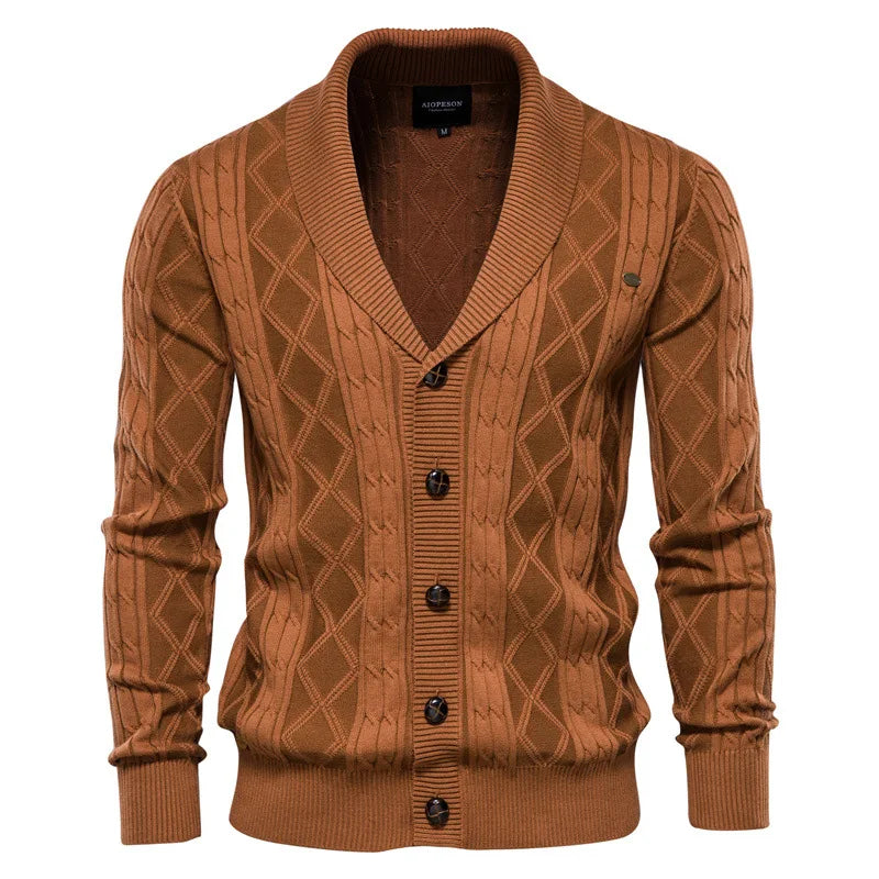 Men's classic cable-knit shawl collar sweater. Versatile, elegant, and comfortable for fall & winter layering.