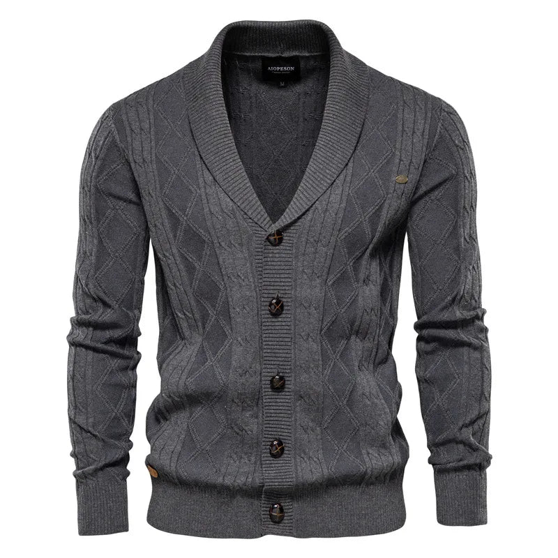 Stylish men's cable knit cardigan with a shawl collar. Perfect for everyday wear, fall fashion, or elegant layering.