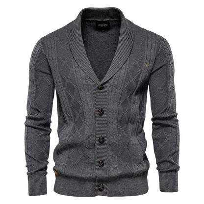 Stylish men's cable knit cardigan with a shawl collar. Perfect for everyday wear, fall fashion, or elegant layering.