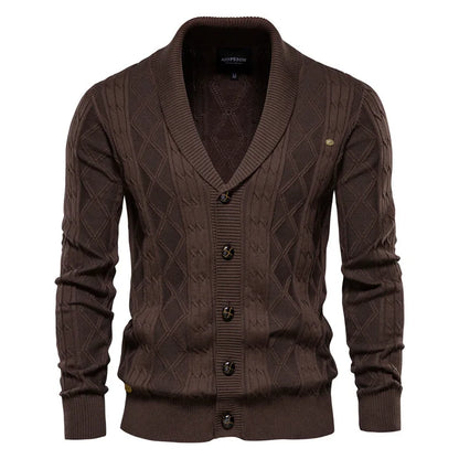 Classic men's cable knit sweater with a warm shawl collar. Great for fall fashion, layering, or a smart everyday look.