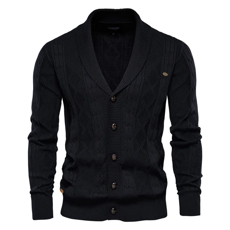 Detailed view of a men's elegant cable-knit shawl collar sweater, showcasing the rich texture and classic design.