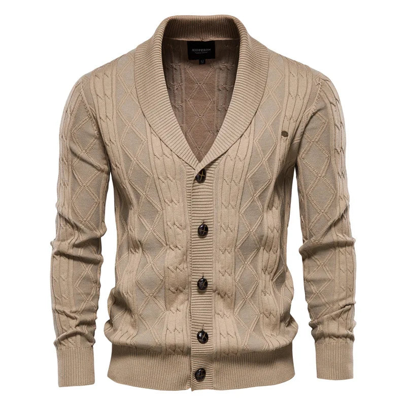 Versatile men's shawl collar sweater in a timeless cable knit design. Comfortable for everyday and winter wear.