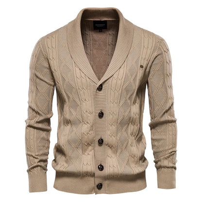Versatile men's shawl collar sweater in a timeless cable knit design. Comfortable for everyday and winter wear.