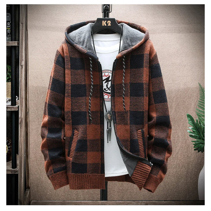Men's classic checkered zip-up hoodie, a versatile piece for layering & comfort.