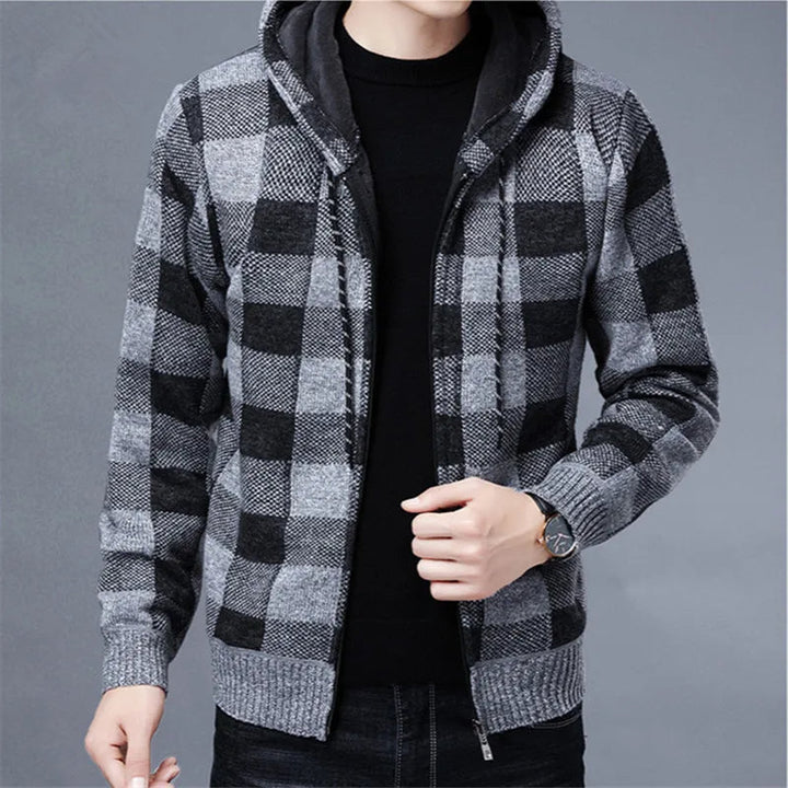 Classic men's zip-up hoodie with a checkered design, great for casual layering.