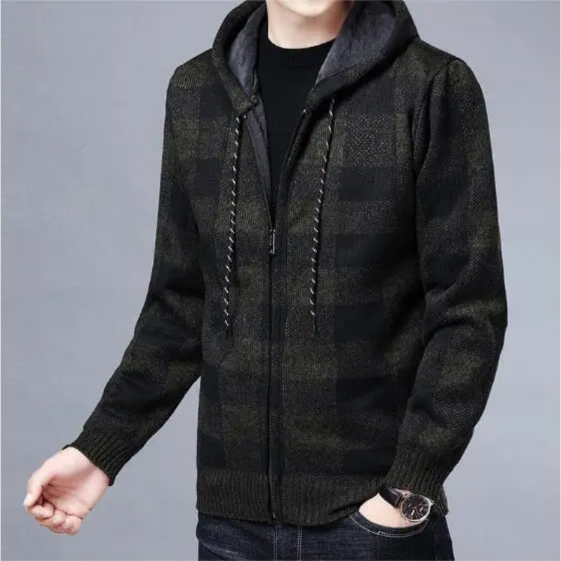 Durable men's classic checkered zip-up hoodie, essential for everyday layering.