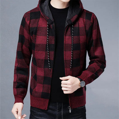 Durable men's casual checkered zip-up hoodie, perfect for streetwear layering.