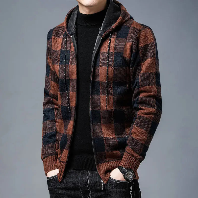 Men's zip-up hoodie featuring a classic checkered pattern, ideal for outerwear.