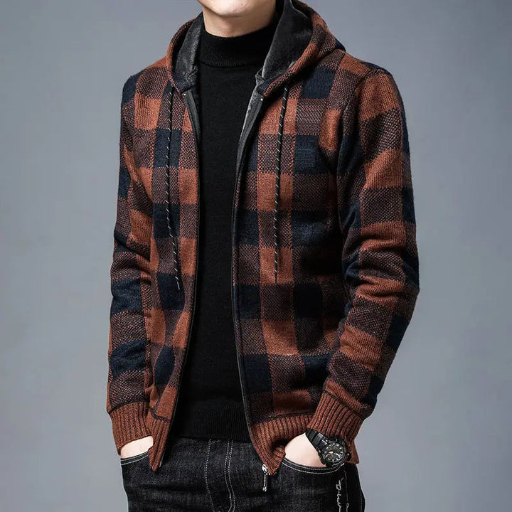 Men's zip-up hoodie featuring a classic checkered pattern, ideal for outerwear.
