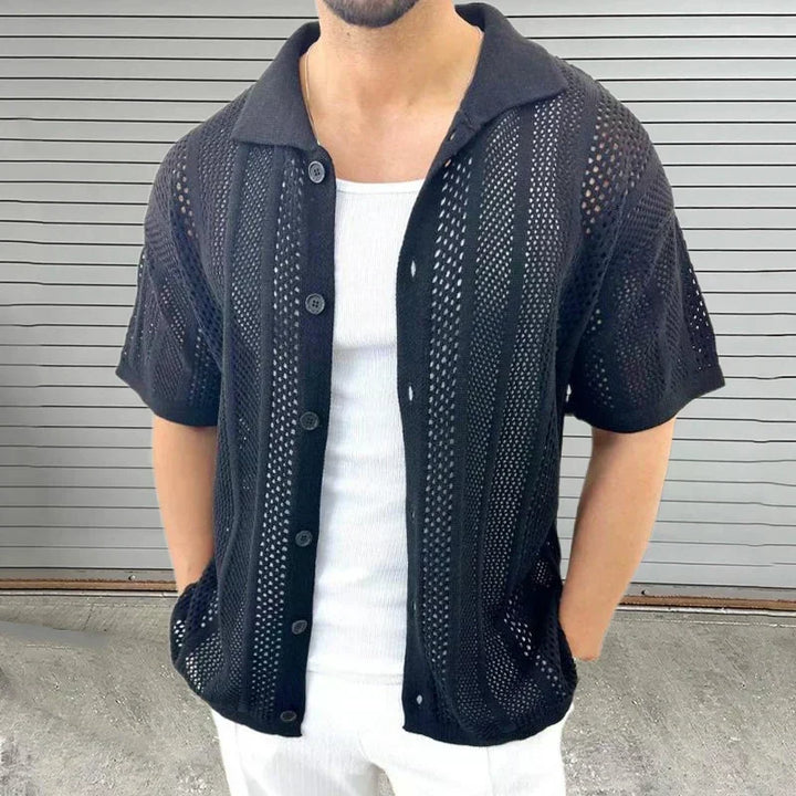 Lightweight, breathable men's knit shirt with classic collar. Smart casual comfort for warm weather.
