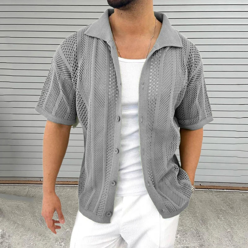 Men's collared knit shirt, short sleeve. A versatile smart casual top for summer outfits & apparel.