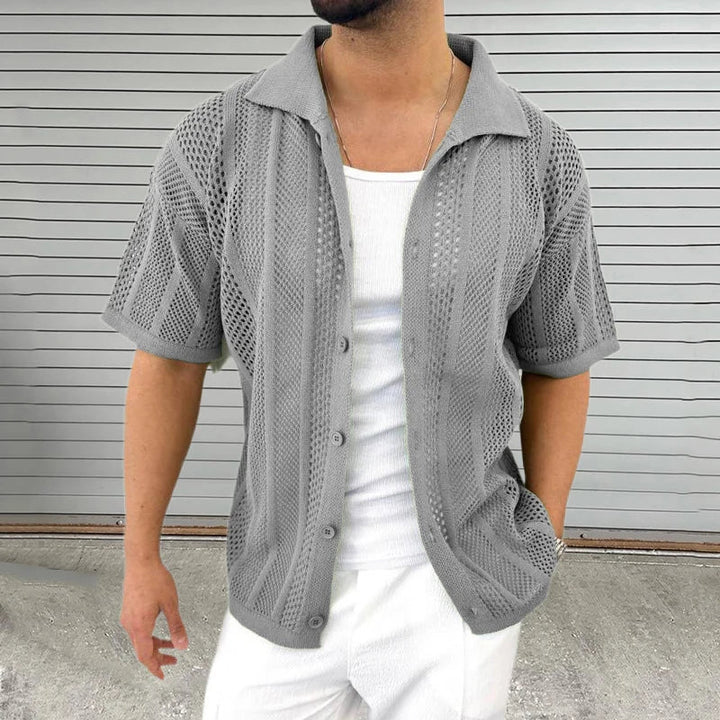 Men's collared knit shirt, short sleeve. A versatile smart casual top for summer outfits & apparel.