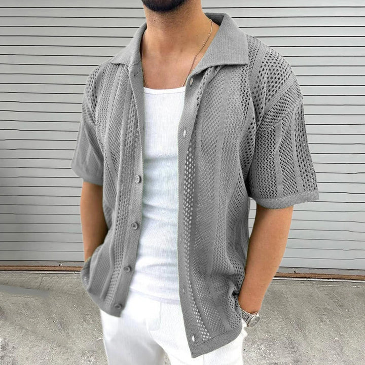 Smart casual men's knit shirt, classic collar. Lightweight and breathable for comfortable everyday wear.