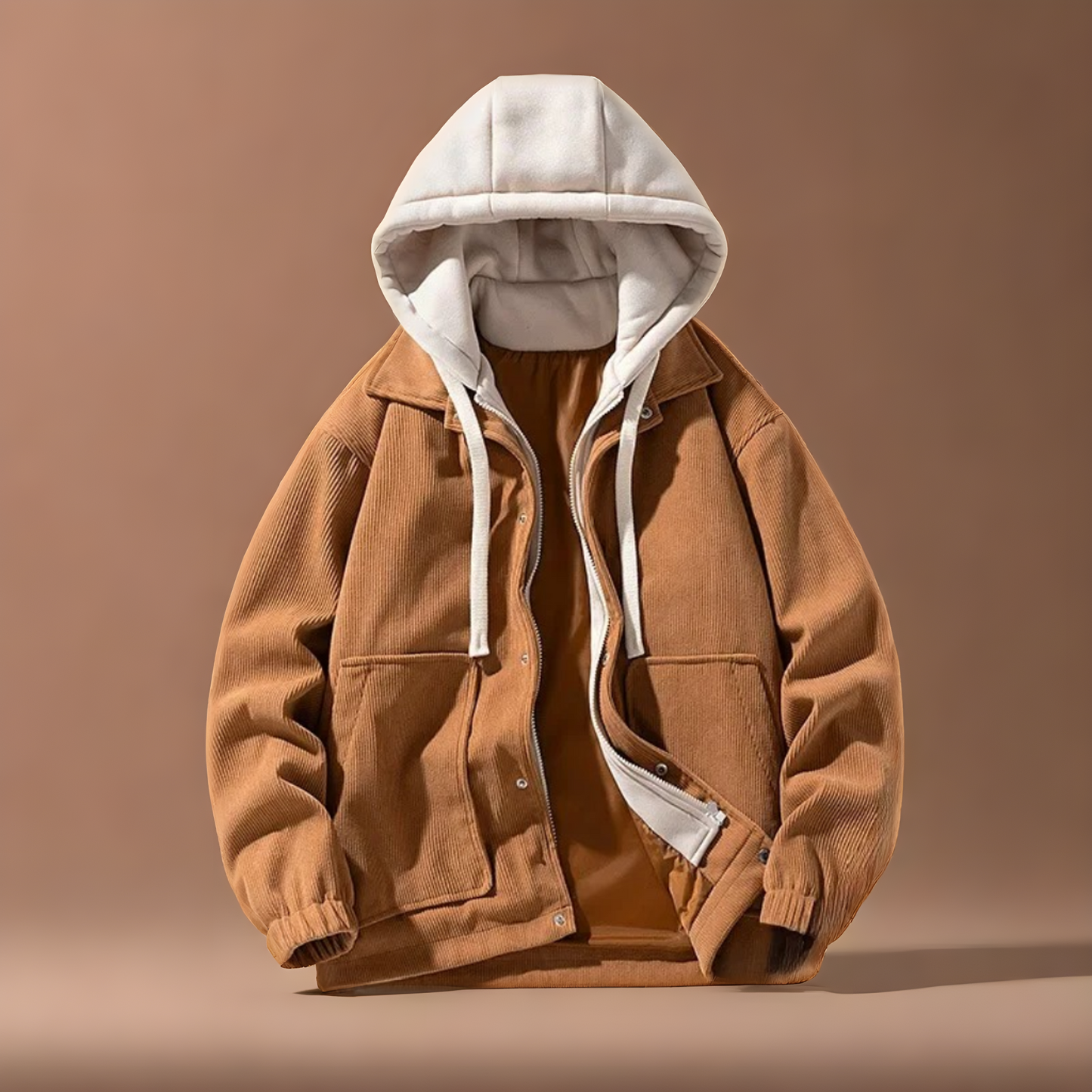 Brown men's corduroy jacket with classic design. Warm, stylish casual outerwear for autumn/winter.