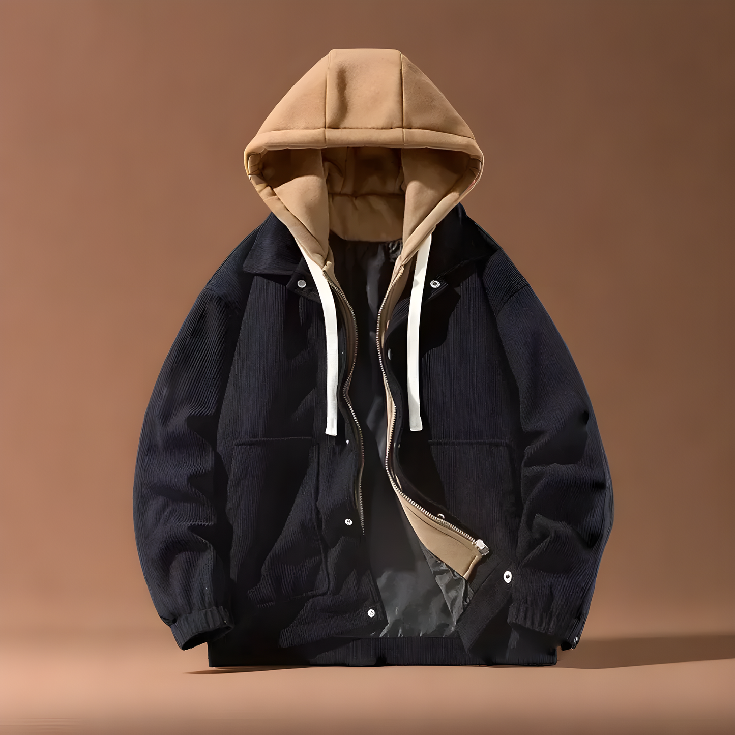 Black men's corduroy jacket. A timeless, warm outerwear piece for casual winter style.