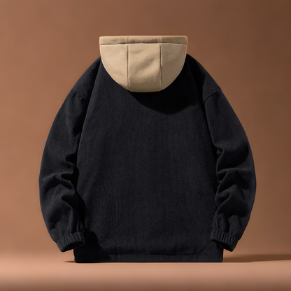 Beige men's corduroy jacket. Versatile, warm outerwear for stylish everyday casual winter outfits.