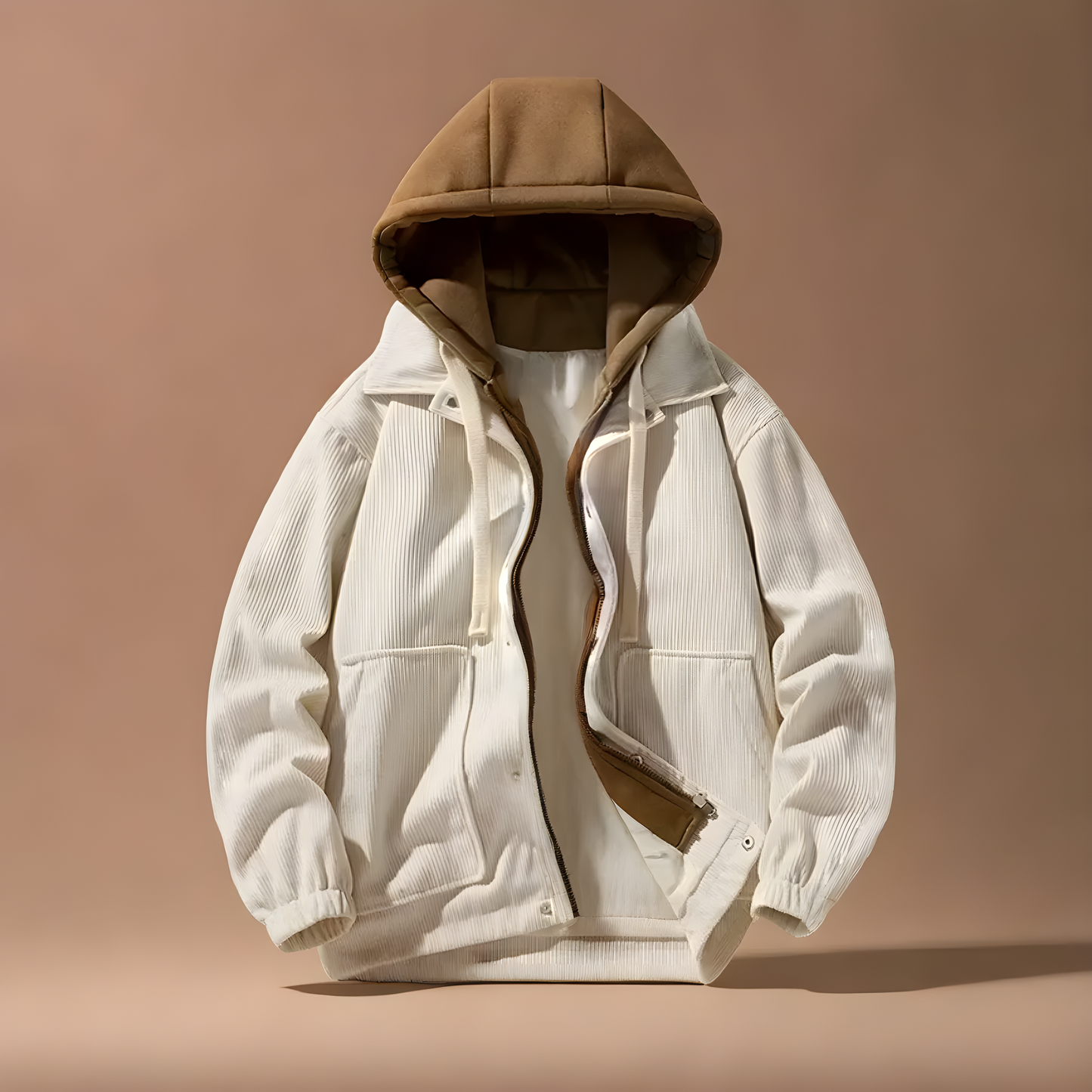 Green men's corduroy jacket. Durable, casual winter outerwear for a classic, stylish look.