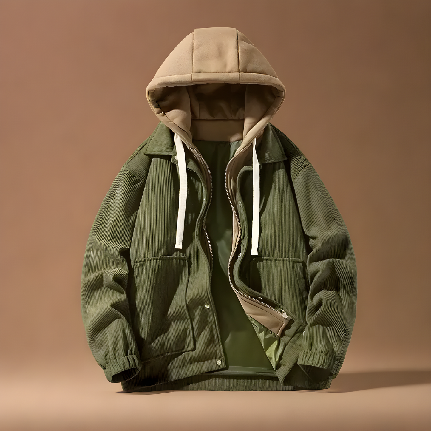 Men's corduroy jacket with adjustable hood. Warm & stylish casual outerwear for cold weather.