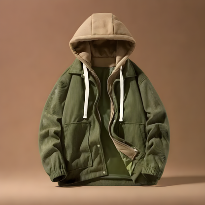 Men's corduroy jacket with adjustable hood. Warm & stylish casual outerwear for cold weather.