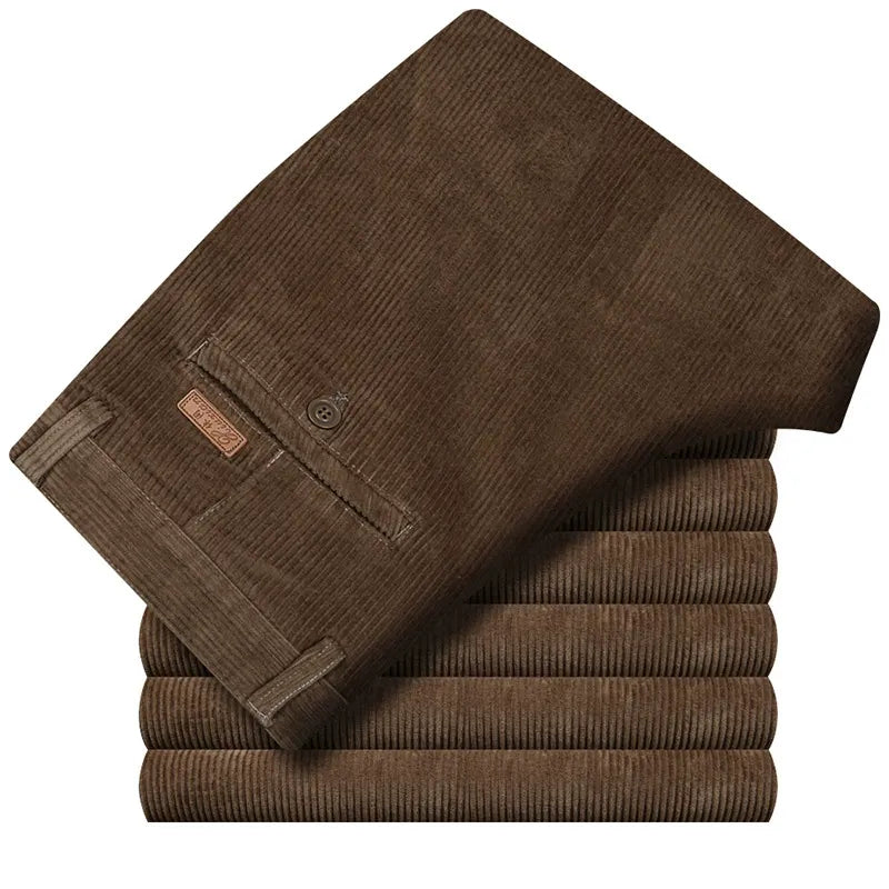 Khaki men's classic corduroy pants, perfect for comfortable everyday wear. Durable cotton corduroy.