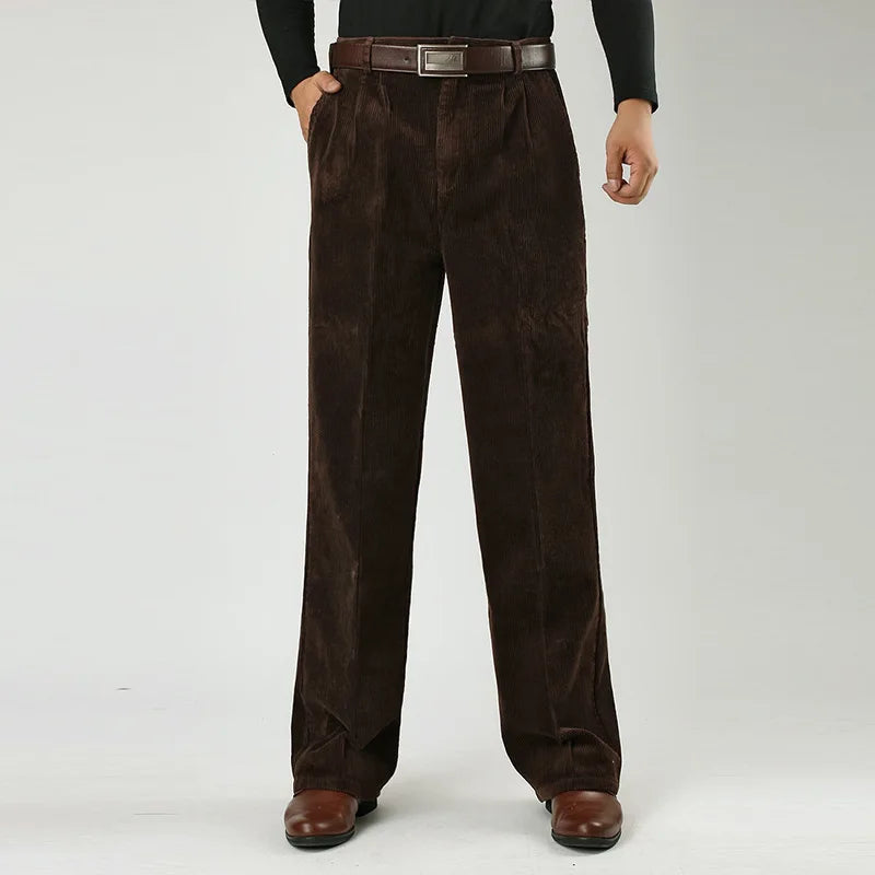 Black men's corduroy trousers, a classic style for winter fashion. Comfortable and versatile pants.